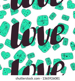 Love seamless valentines day line pattern. Doodle gift box background design. Retro print girl fashion vector textile.