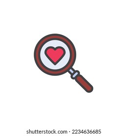 Love search filled outline icon, line vector sign, magnifier and heart linear colorful pictogram isolated on white. Symbol, logo illustration. Vector graphics