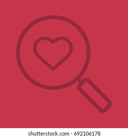 Love search linear icon. Magnifying glass with heart shape. Thick line outline symbols on color background. Vector illustration