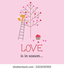 Love is in season, background Rose, a cute little fox decorating a tree with branches with hearts.
Fashion Design, Vectors for t-shirts and endless applications.
