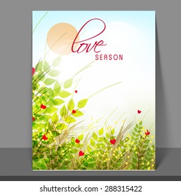 Love Season template, banner or flyer design decorated with flowers and green leaves. 