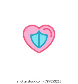 Love with secure shield inside Icon. Simple Heart Illustration Line Style Logo Template Design. 