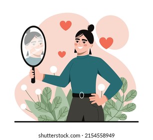 Love of self. Young girl looks at her reflection in mirror and smiles. Character pleased with appearance and body. Positive psychology and optimism, high self esteem. Cartoon flat vector illustration