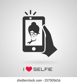 I love selfie. Selfie icon. Trendy woman taking a self portrait on smart phone. Vector illustration. 