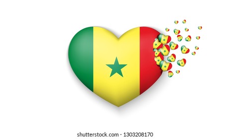 With love to Senegal country. The national flag of Senegal fly out small hearts on white background