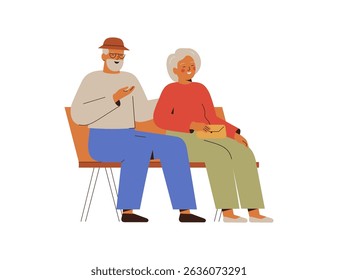 Love senior couple sit on bench and talk. Old Man and woman on the date outdoors. Romantic elderly male and female for valentine. Flat vector illustration on white background