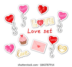 Love set with balloons, hearts, lettering, cupcake and letter on a white background. Vector patches, stickers for Valentine's day, wedding, holiday greeting card, love concept, print. Design template