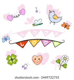 Love set. Cartoon illustrations with heart elements