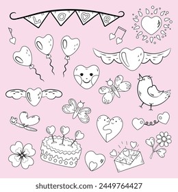 Love set. Cartoon illustrations with heart elements. Black and white on rose background