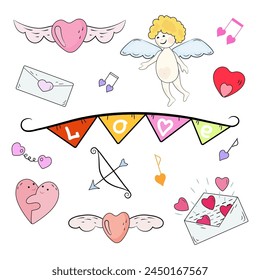 Love set. Cartoon illustrations with heart elements