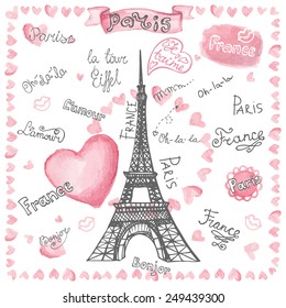 Love set collection.Paris Eiffel tower,lettering,hearts.Hand drawn doodle sketchy,watercolor pink decor.French words ,hello,life is beautiful,Eiffel tower,love,i love you.Vintage Vector illustration