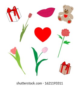 Love set with color elements bear, lip, flowers, box, heart on isolated white background for valentine's day