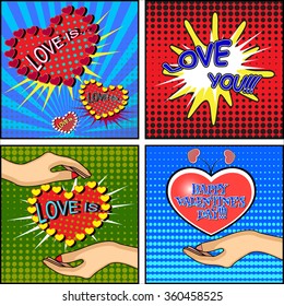 Love set. Comics style Valentine's day card with a female hand, holding a heart on blue, red and green backgrounds. Vector illustration.