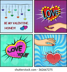 Love set. Comics style Valentine's day card with a female hand, holding a heart on the blue, red and green background. Vector illustration
