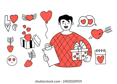 Juego de amor. Coraje de hombre lindo con regalo, Corazón, símbolos de amor, valentinas, globo. Elementos románticos aislados vectores garabatos para el diseño festivo para el día de San Valentín