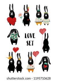 Love set with cute single black rabbit and couple. Perfect for Valentine's day greeting cards, wedding invitation or just some love messages.