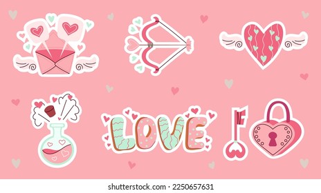 Love set. Cute stickers romantic elements. Doodle in cartoon style. Valentines day. Vector illustration for design. - Shutterstock ID 2250657631