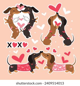 Love set with dachshund dogs and hearts on a pink background. Vector illustration doodle style. valentine's day card. Love animals