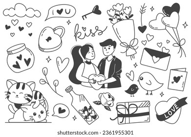 Love set in flat line design. This set of black design illustrations is filled with love-themed attributes, ideal for expressing affection in line projects. Vector illustration.