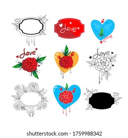 Love set with frame, roses, hearts, lettering font