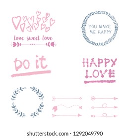 Love set with frames and other graphic elements. Vector illustration