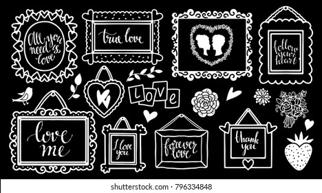 Love set. Frames. Valentines day white design elements isolated on black background. Handwritten font, hand drawn