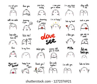 Love set hand drawn illustrations with marshmallow in different feelings