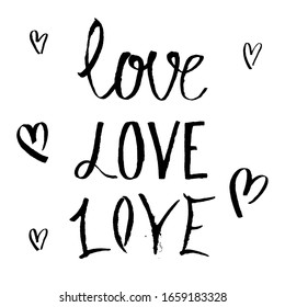 LOVE set - handwritten black ink vector lettering in grunge style. Italic handwriting. Vector lettering the word "love" in three styles