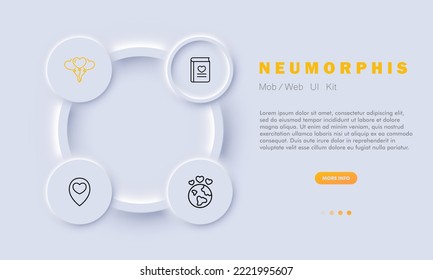 Love set icon. Hearts, valentines day, heart shaped balloons, location pointer with heart, planet, love story, feelings, confess, couple, communication. Relationships concept. Neomorphism style