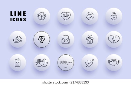 Love Set Icon. Weeding Ring, Gift, Sympathy, Couple, Relationship, Summary, Heart, Romance. Anniversary Concept. Neomorphism Style. Vector Line Icon For Business And Advertising