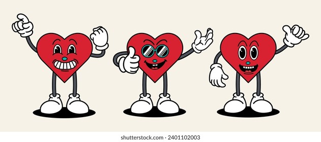 Love set mascot of 70s groovy. Collection of cartoon,retro, groovy characters. Vector illustration.