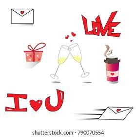 Love set of pictures for Valentines Day (14th of Febriary) includes envelopes, present, love sign, champagne glasses with hearts, cup with hot tea or coffee and I love you sign. vector, isolated.