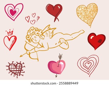 Love set for St Valentines day containing 9 hearts and cupid, set of icons for a postcard decoration