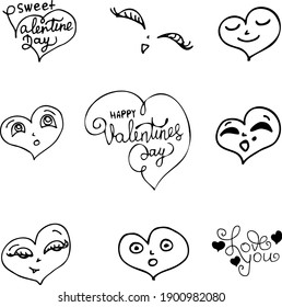 Love set for Valentine day black isolated lettering and doodles hearts with emotions
