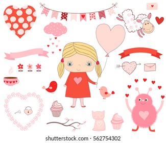 Love set for Valentine's day with cute girl, animals, bunting and banners and other design elements