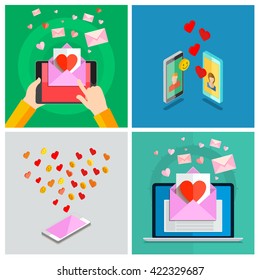Love set. Valentines day illustration. Receiving or sending love emails for valentines day, long distance relationship. Flat design, vector illustration