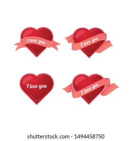 love set. Valentine's Day vector illustration. Heart with ribbon and text. romantic collection. isolated on white background