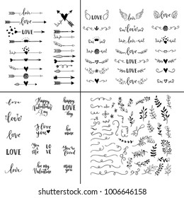 Love set. Vector hand lettering overlays, phrases for greeting cards, posters. Handdrawn arrows, branches, hearts, crown, wings, leaves decoration for Happy Valentines Day