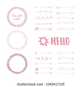 Love set. Vector hand lettering overlays, phrases for greeting cards, posters. Handdrawn arrows, branches, hearts, crown, wings, leaves decoration for Happy Valentines Day