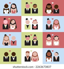 Love is Love. Set of vector illustrations presenting newly married couples. Love does not choose, it has no gender or rules. Wedding portraits of people in love. 