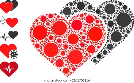 Amar el icono del mosaico de sombra. Mosaico vectorial hecho de íconos bacterianos dispersos. Icono de sombra de amor de mosaico de virus e iconos de bonificación. Collage de sombras de amor para imágenes de ruptura.