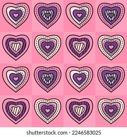 Love shape with different hearts on a pink colorful geometric square background design. Seamless Pattern vector illustration. Suitable for valentine's day cards, wrapping paper, textiles