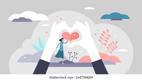 Love shape fingers sign, flat tiny person vector illustration. Modern charity and volunteering activity concept. Social support and awareness campaign. Stylized, abstract hope and protection symbol.