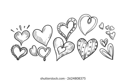 coleção de doodle de gravura desenhada à mão de forma de amor
