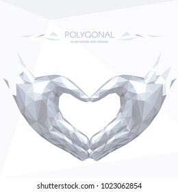 Love shape hands low poly white polygonal. Triangle 3D effect. Vector polygonal illustration.