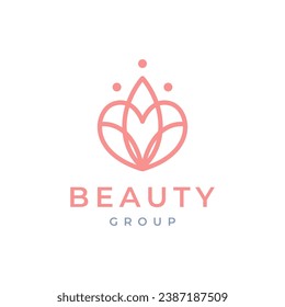 love shape heart feminine leaves cubs flower group minimalist style line logo design vector icon illustration