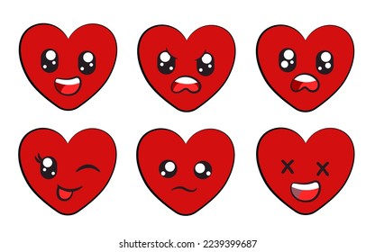 Emoticono de expresión facial de corazón rojo con ojos y colección de bocas cartografía vectorial aislada ilustración