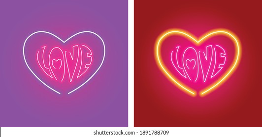Love Shape and Love text with Neon sign light effect isolated on purple and red background.