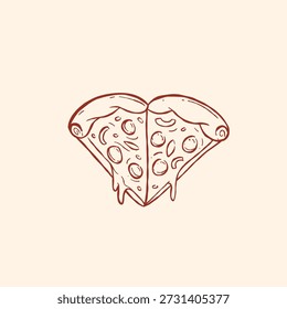love shape two pizza slices illustration in hand drawn outline doodle style sketch