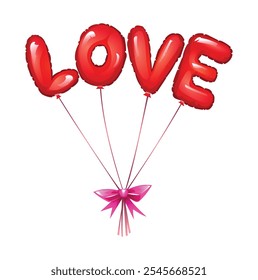 Globos en forma de "LOVE" en rojo atados con una cinta rosa, perfectos para ocasiones románticas. Vector ilustración de dibujos animados